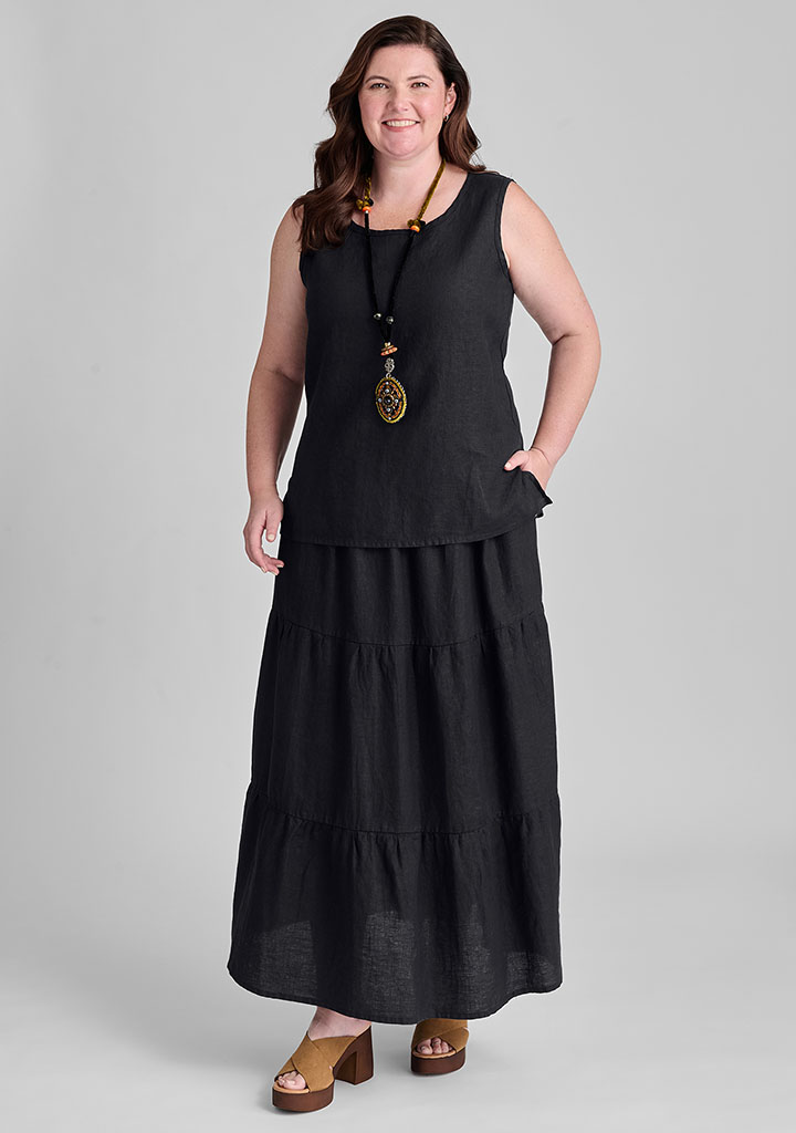 Black linen tank with black linen skirt