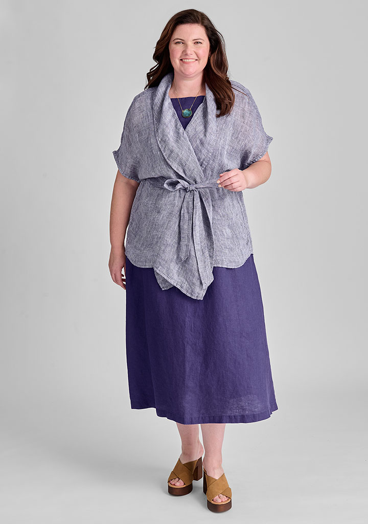 Purple linen top over purple linen dress