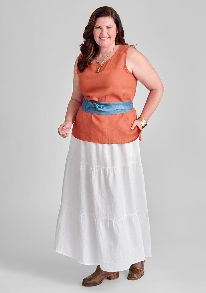 Orange linen top with white linen skirt