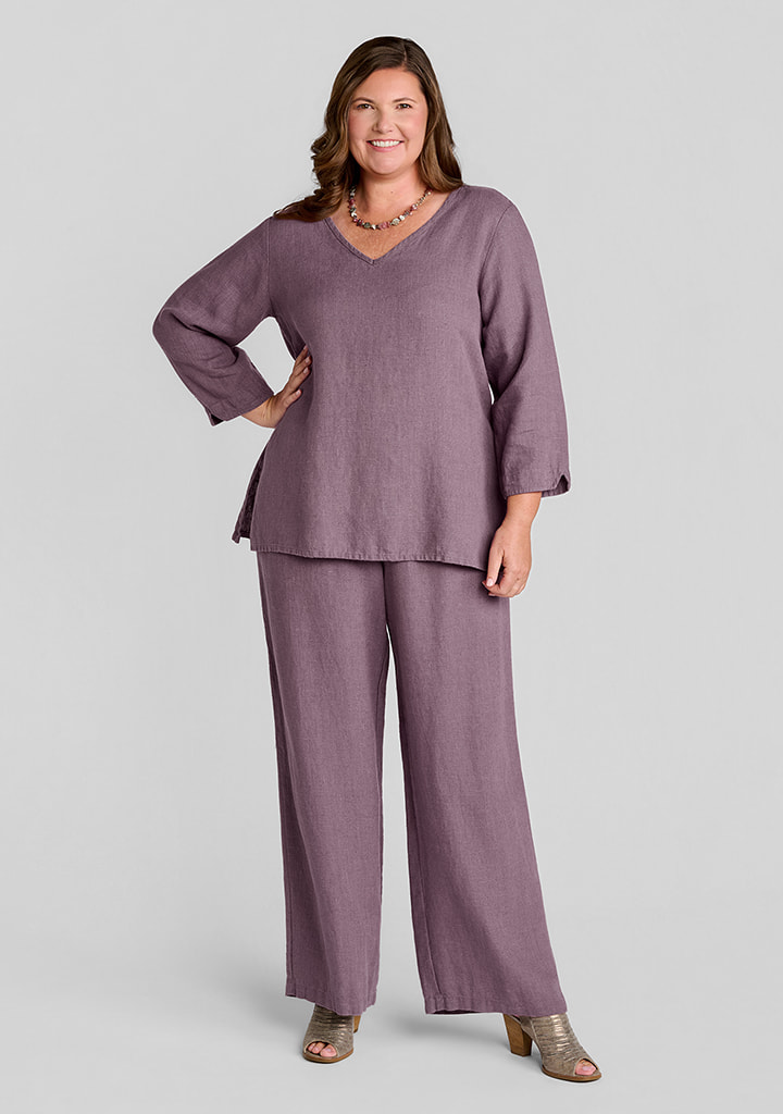 FLAX women's linen outfit featuring V Pullover in Heather, Flowing Pant in Heather