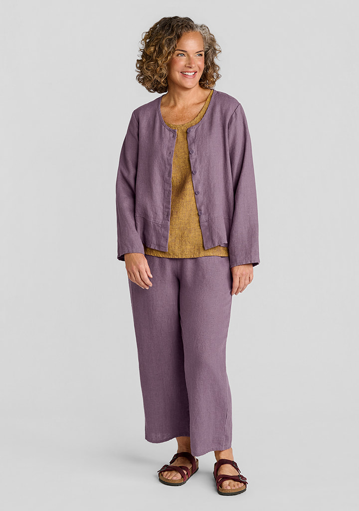 FLAX women's linen outfit featuring Jolly Jacket in Heather, Fundamental Tank in Saffron, Floods in Heather