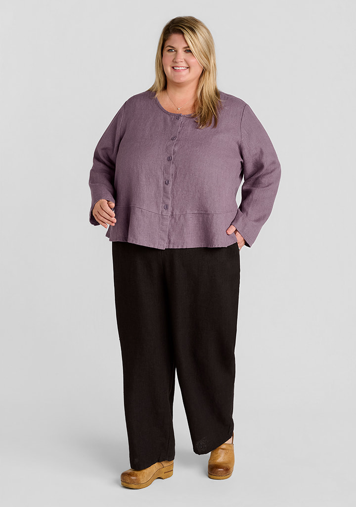 FLAX women's linen outfit featuring Jolly Jacket in Heather, Floods in Coffee Bean