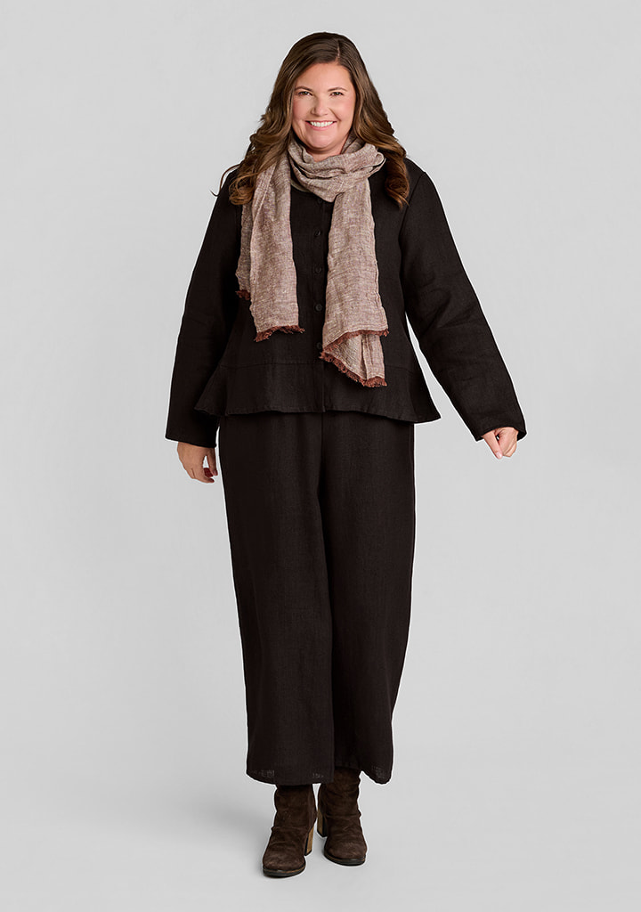 FLAX women's linen outfit featuring Jolly Jacket in Coffee Bean, Floods in Coffee Bean