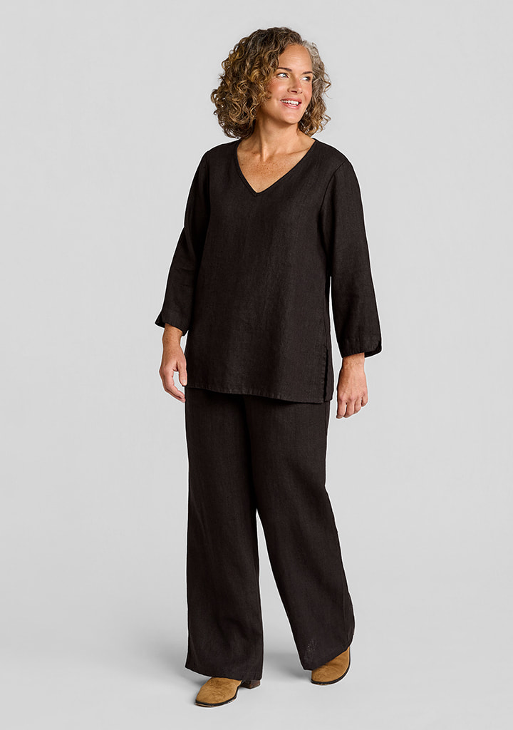 FLAX women's linen outfit featuring V Pullover in Coffee Bean, Flowing Pant in Coffee Bean