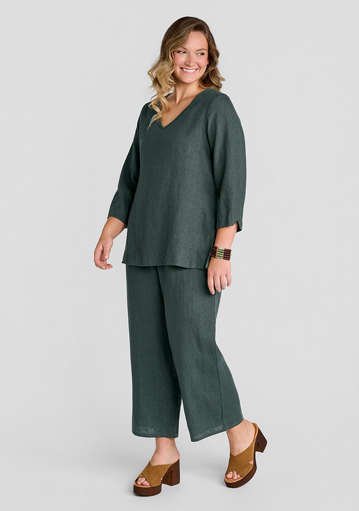 FLAX women's linen outfit featuring V Pullover in Pine, Floods in Pine