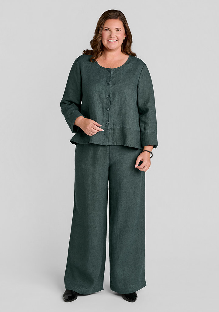 FLAX women's linen outfit featuring Jolly Jacket in Pine, Flowing Pant in Pine