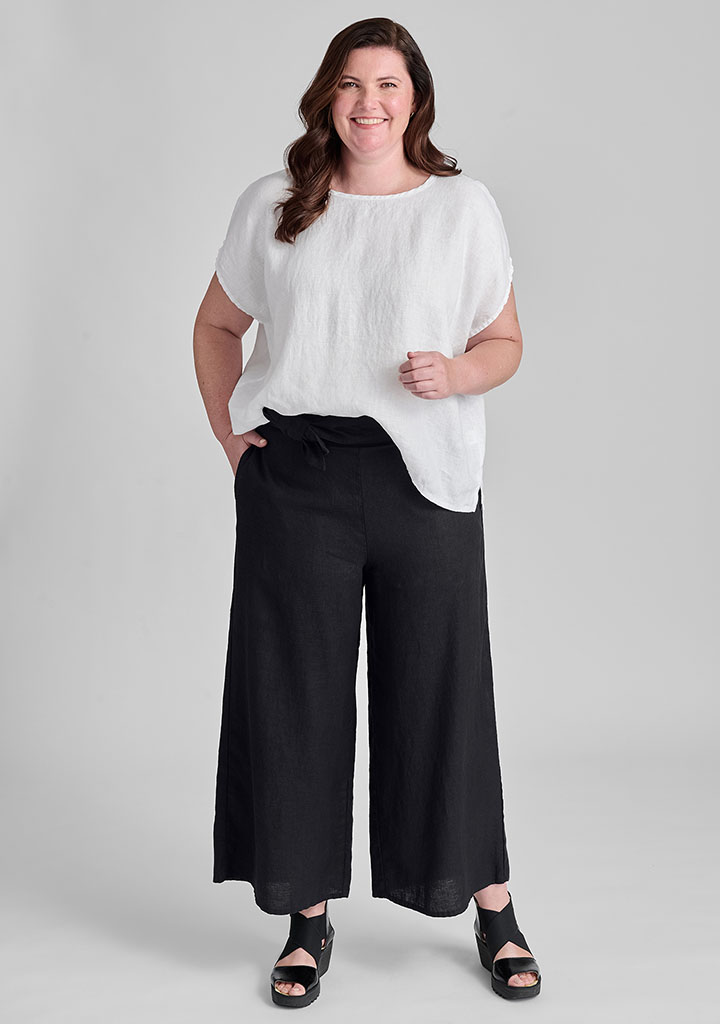 White linen tee with black linen pants