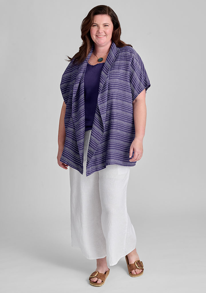 Purple linen top with white linen pants