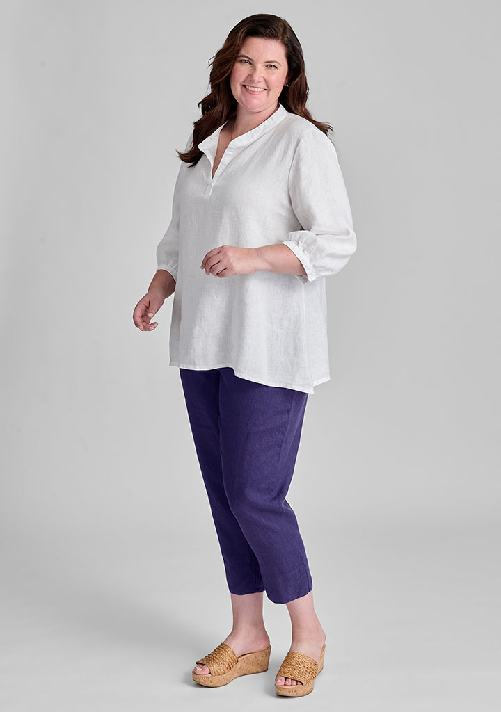 White linen top with purple linen pants