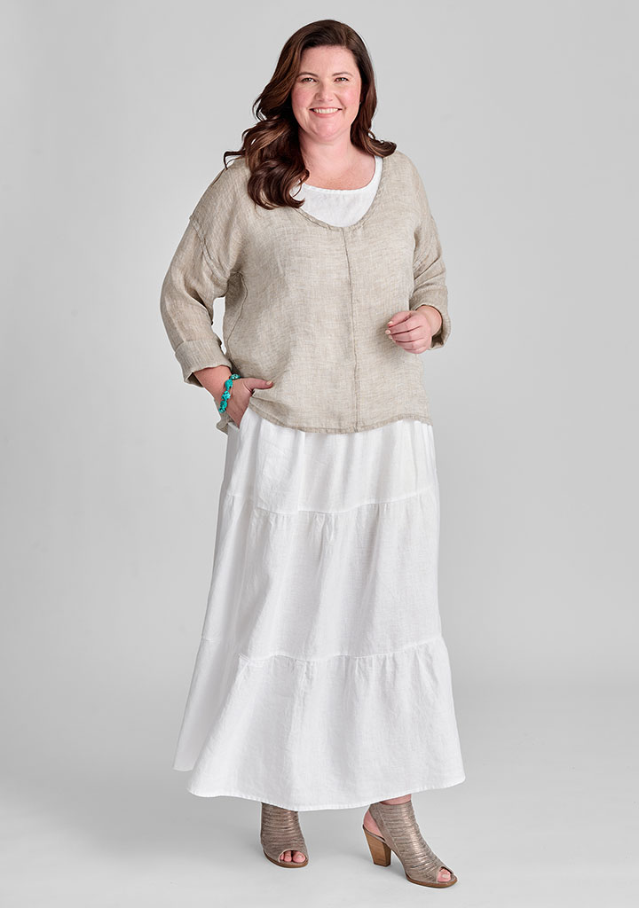 Tan linen top with white linen skirt