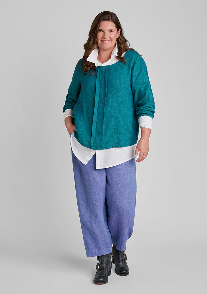 FLAX women's linen outfit featuring Uniform Blouse in Juniper, Summer Shirt in White, Seamly Pant in Blue Iris