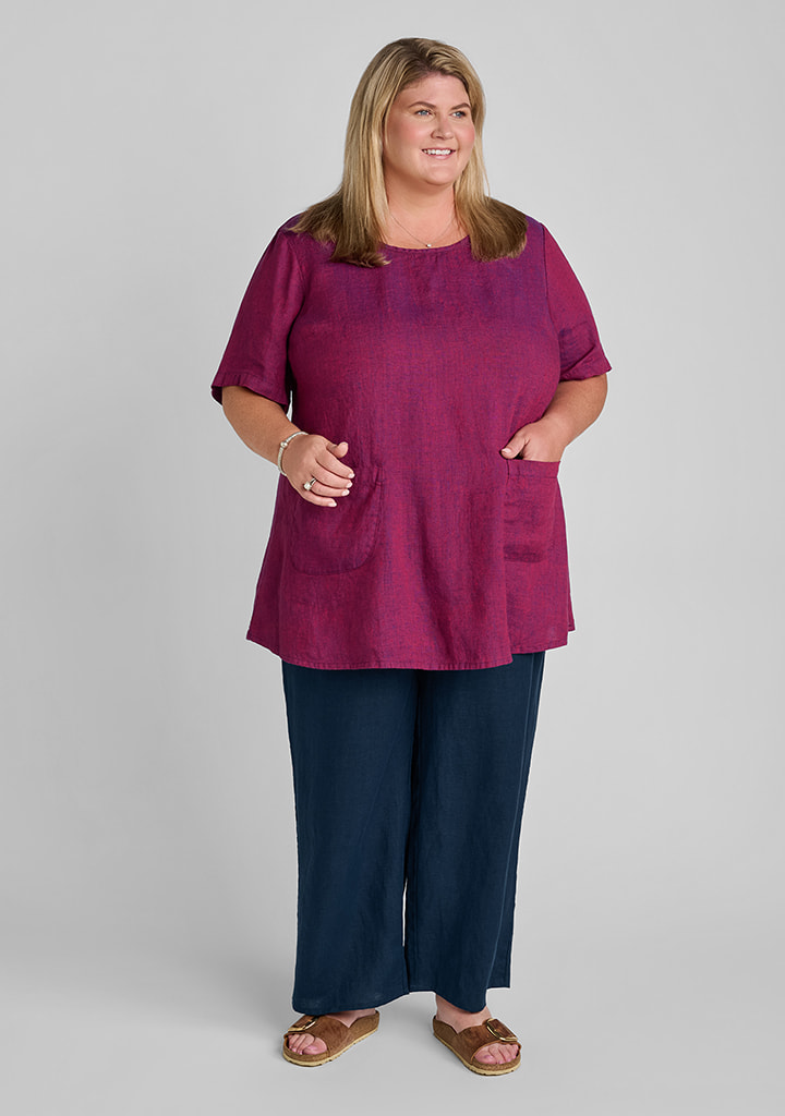 FLAX women's linen outfit featuring Tee Tunic in Pomegranate, Floods in Midnight