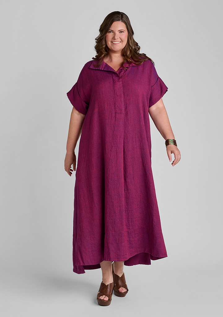 FLAX women's linen outfit featuring Artful Shirtdress in Pomegranate