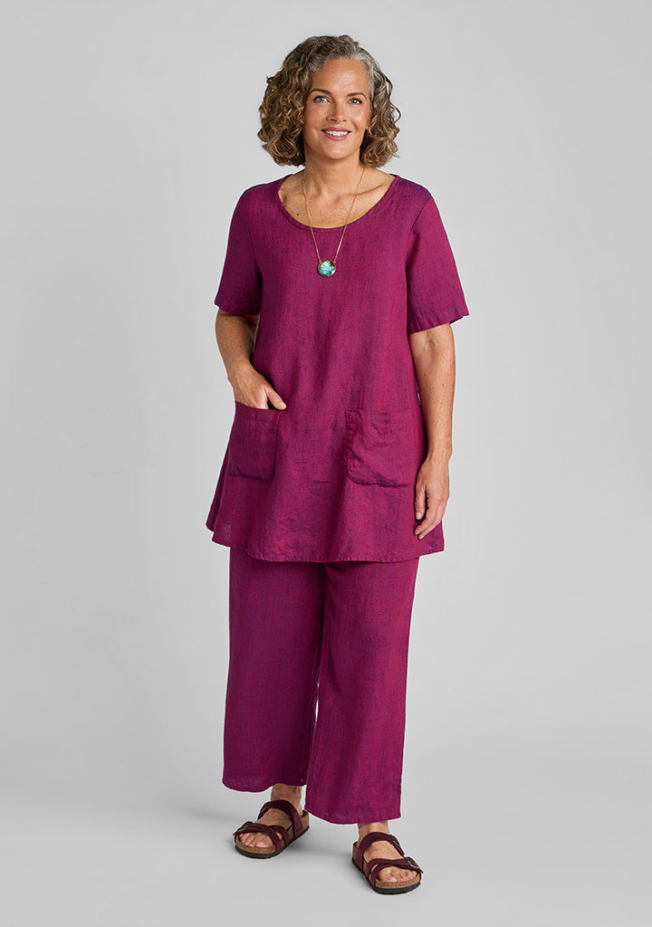 FLAX women's linen outfit featuring Tee Tunic in Pomegranate, Floods in Pomegranate