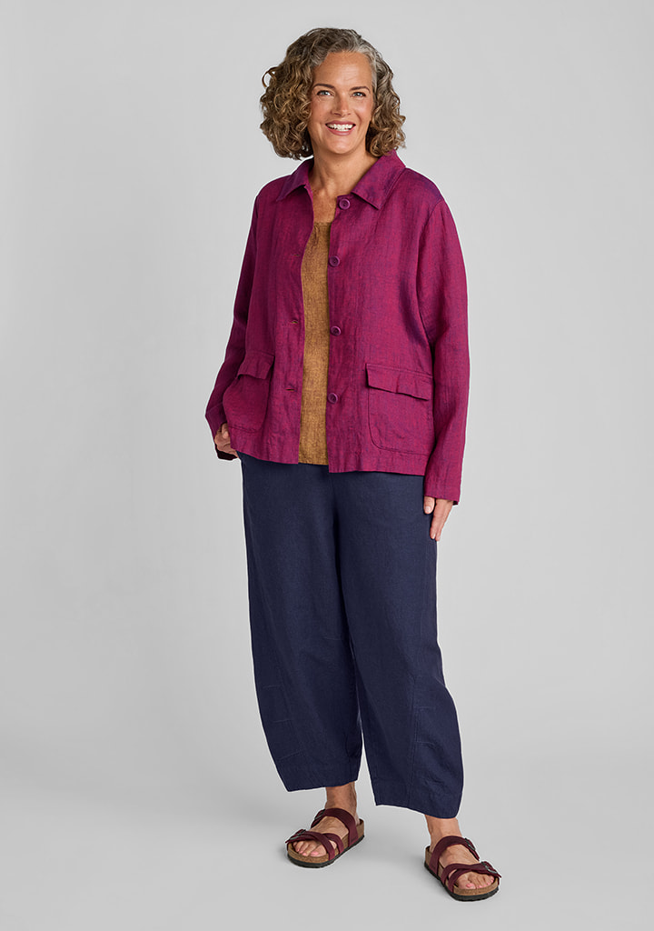 FLAX women's linen outfit featuring Boxy Elegance in Pomegranate, Fundamental Tank in Saffron, Barrel Leg Pant in Indigo Denim (Coming Soon)