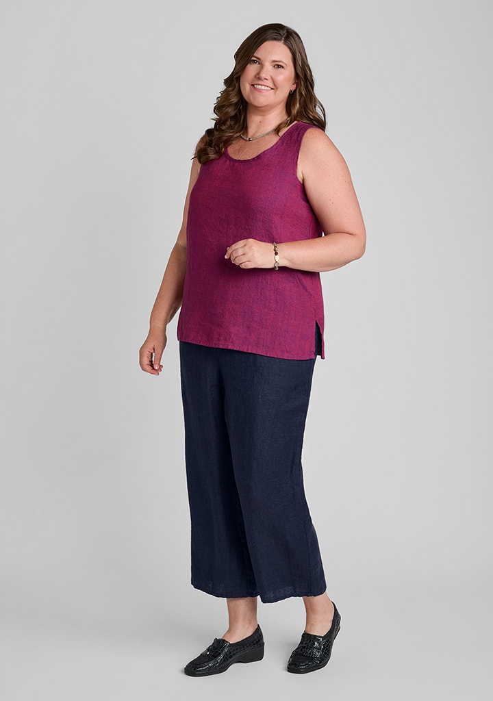 FLAX women's linen outfit featuring Fundamental Tank in Pomegranate, Floods in Navy Melange (Coming Soon)