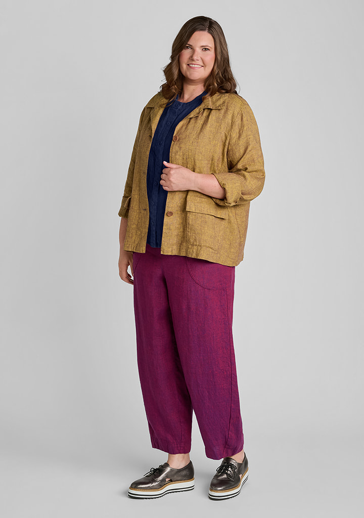 FLAX women's linen outfit featuring Boxy Elegance in Saffron, Zdenka Blouse in Navy Suiting (Coming Soon), Seamly Pant in Pomegranate