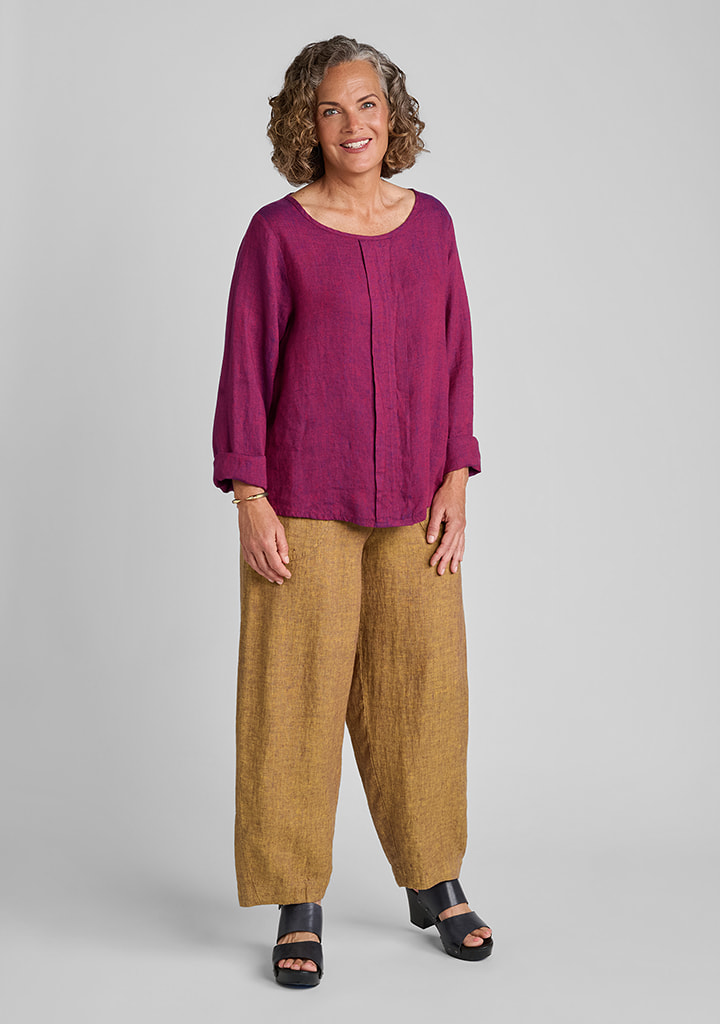 FLAX women's linen outfit featuring Uniform Blouse in Pomegranate, Seamly Pant in Saffron