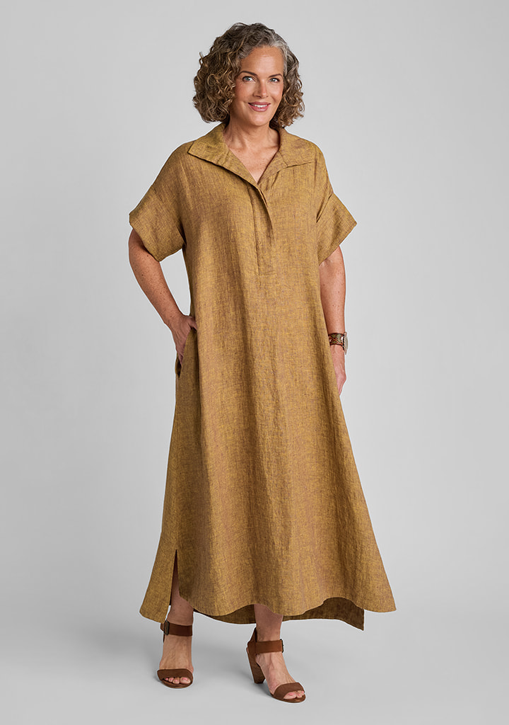 FLAX women's linen outfit featuring Artful Shirtdress in Saffron