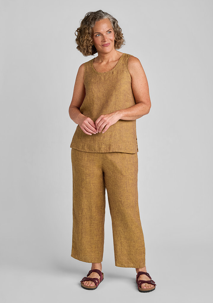 FLAX women's linen outfit featuring Fundamental Tank in Saffron, Floods in Saffron