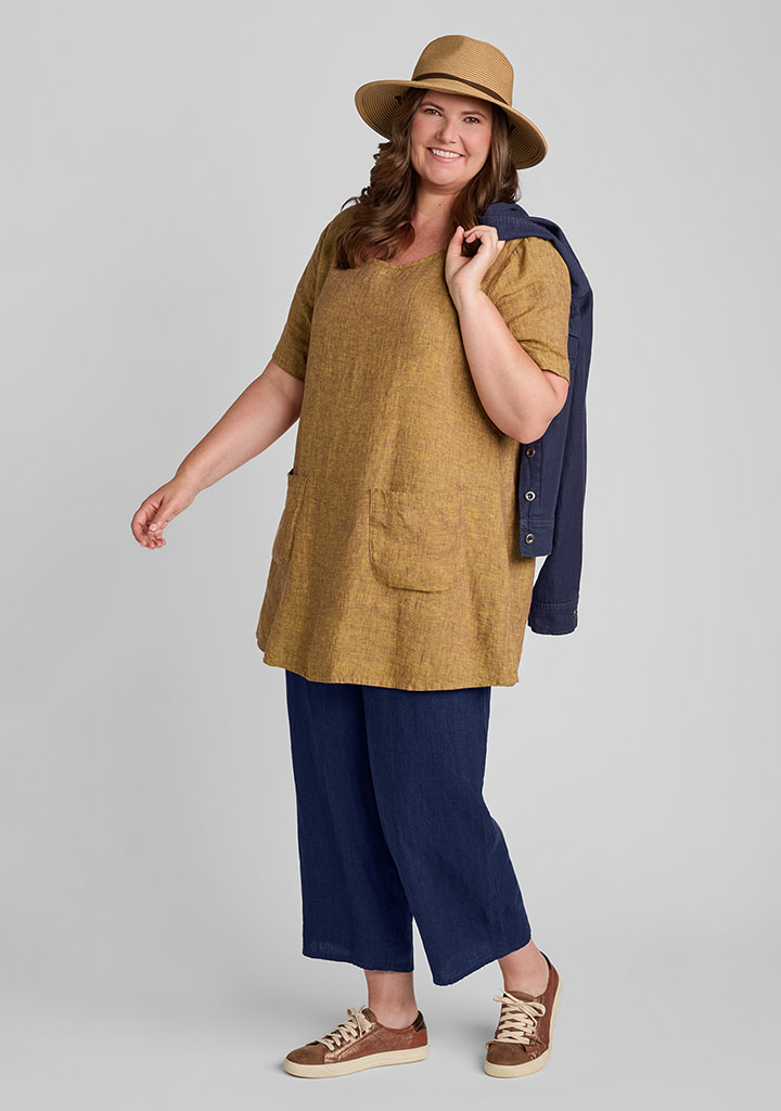 FLAX women's linen outfit featuring Tee Tunic in Saffron, Floods in Navy Suiting (Coming Soon)