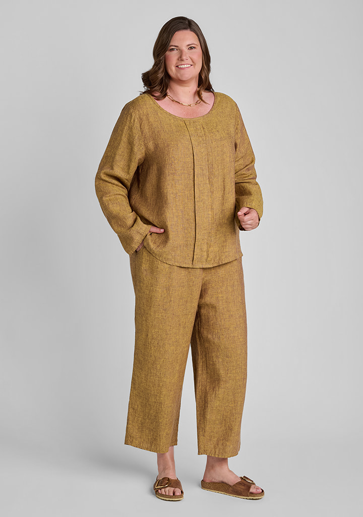 FLAX women's linen outfit featuring Uniform Blouse in Saffron, Floods in Saffron