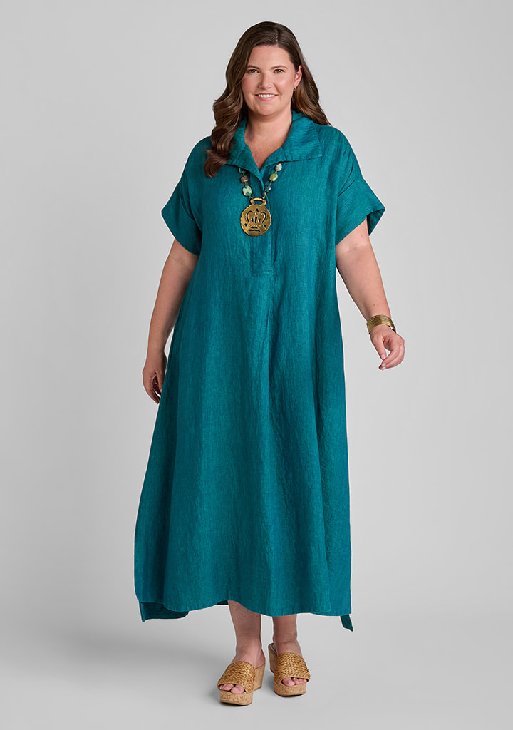 FLAX women's linen outfit featuring Artful Shirtdress in Juniper