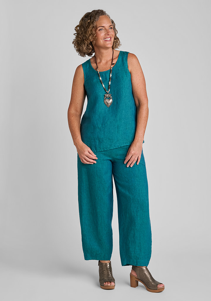 FLAX women's linen outfit featuring Fundamental Tank in Juniper, Seamly Pant in Juniper