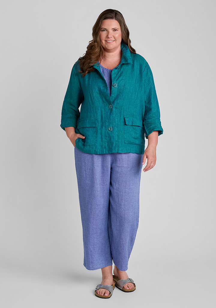 FLAX women's linen outfit featuring Boxy Elegance in Juniper, Fundamental Tank in Blue Iris, Floods in Blue Iris