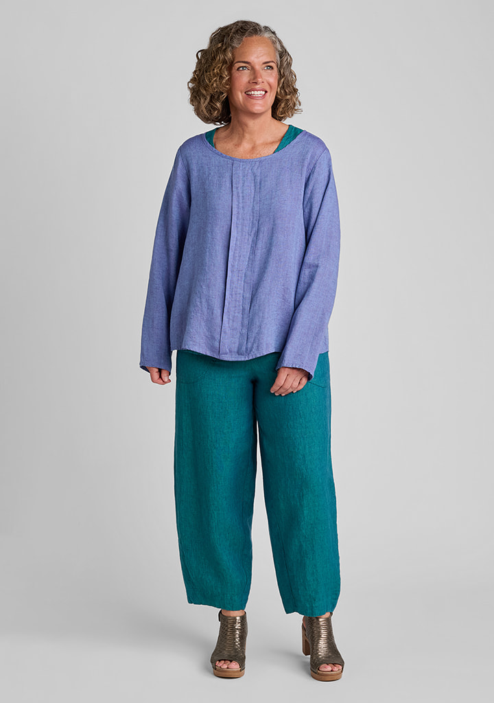 FLAX women's linen outfit featuring Uniform Blouse in Blue Iris, Fundamental Tank in Juniper, Seamly Pant in Juniper