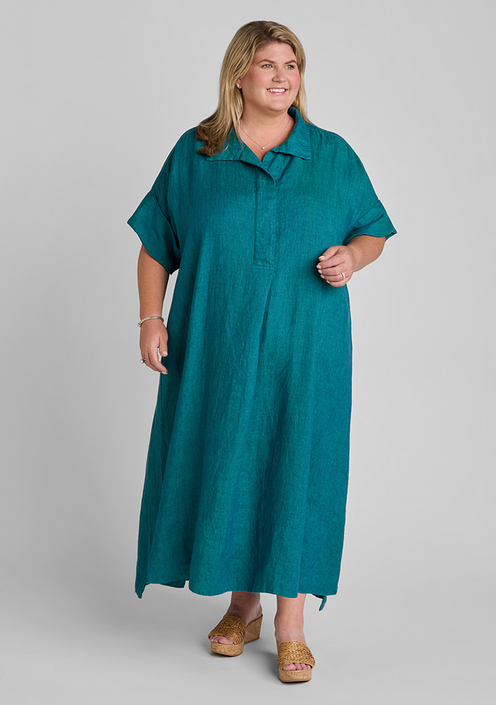 FLAX women's linen outfit featuring Artful Shirtdress in Juniper