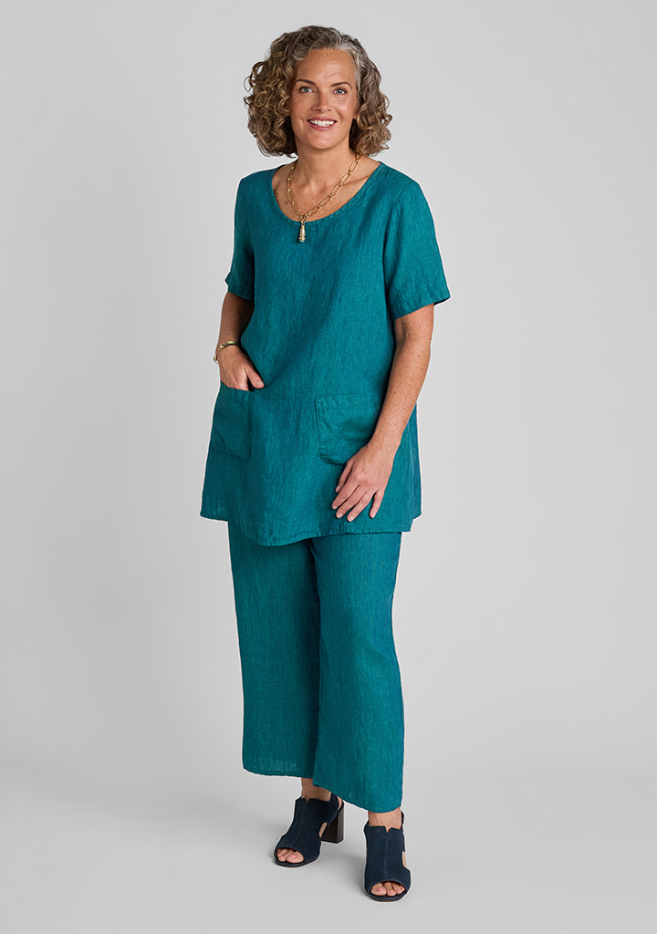 FLAX women's linen outfit featuring Tee Tunic in Juniper, Floods in Juniper