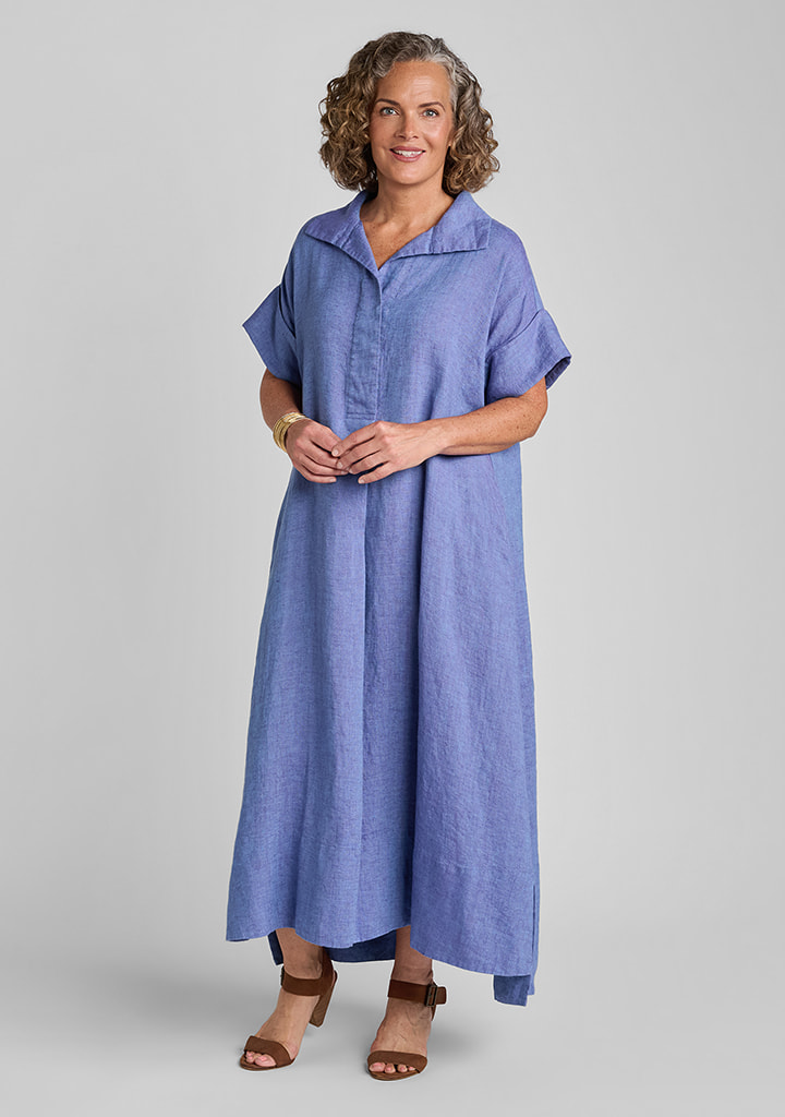 FLAX women's linen outfit featuring Artful Shirtdress in Blue Iris