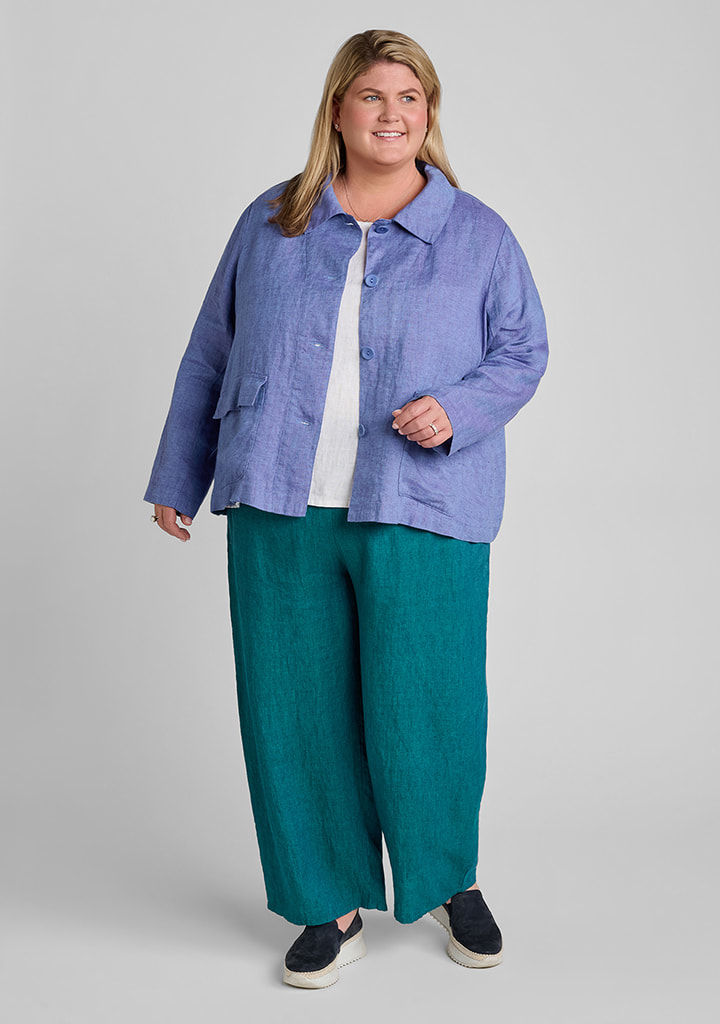 FLAX women's linen outfit featuring Boxy Elegance in Blue Iris, Fundamental Tank in White, Floods in Juniper
