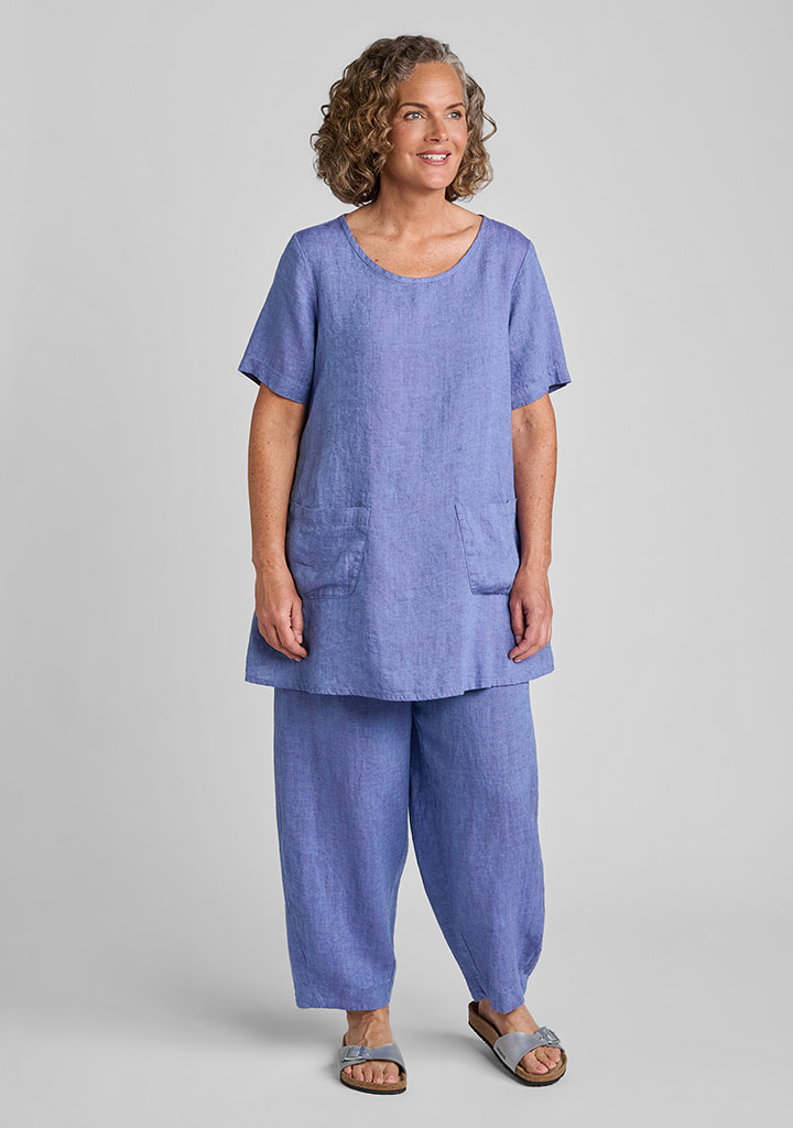 FLAX women's linen outfit featuring Tee Tunic in Blue Iris, Seamly Pant in Blue Iris