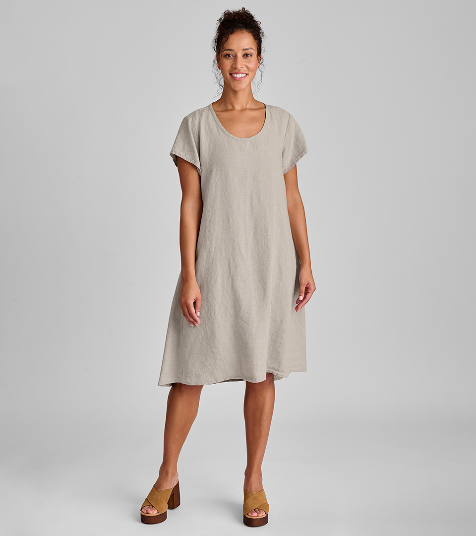 Flax Womens Medium 3/4 Sleeve High-Slit Linen Layered Dress