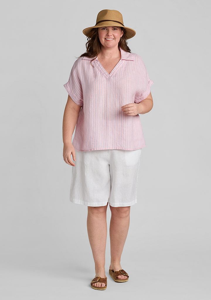 FLAX women's linen outfit featuring Sport Tee in Nantucket Rose, Sociable Short in White