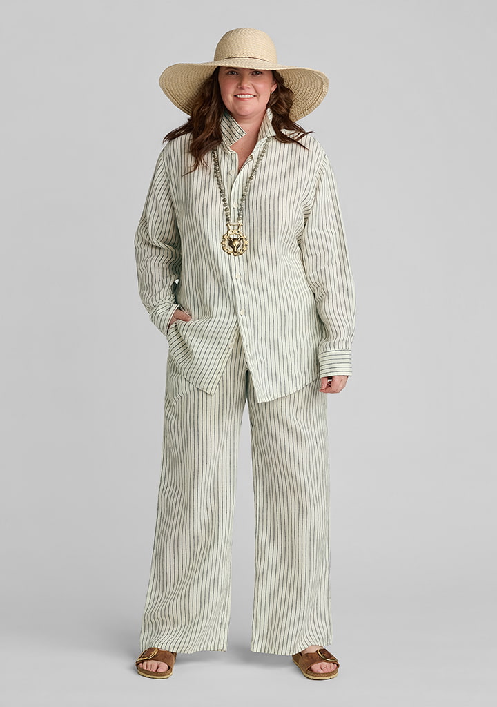 FLAX women's linen outfit featuring Summer Shirt in Seaside Buttercup, Picnic Pant in Seaside Buttercup