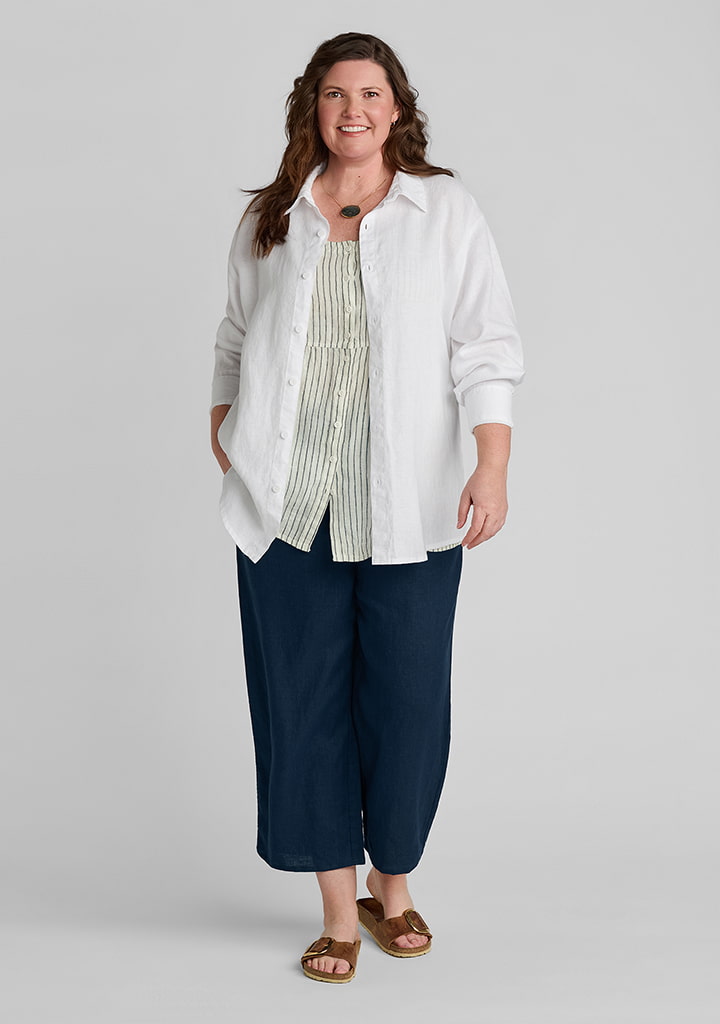 FLAX women's linen outfit featuring Summer Shirt in White, Sun Top in Seaside Buttercup, Floods in Midnight