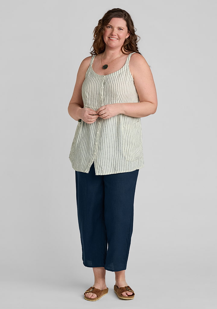 FLAX women's linen outfit featuring Sun Top in Seaside Buttercup, Floods in Midnight