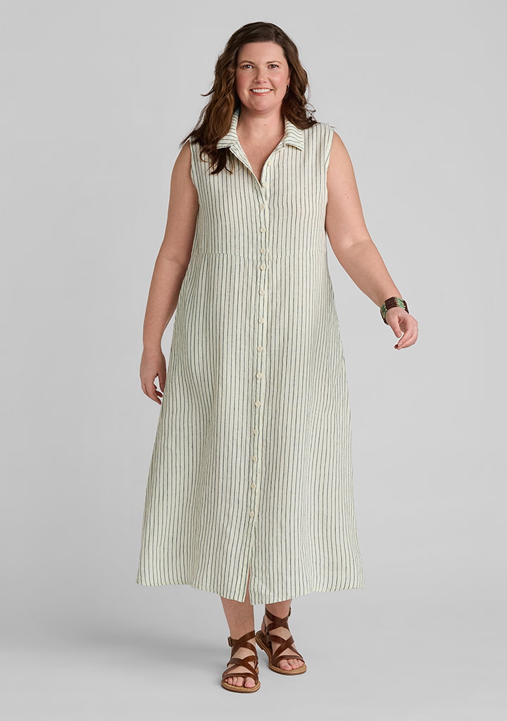 FLAX women's linen outfit featuring Marlowe Dress in Seaside Buttercup