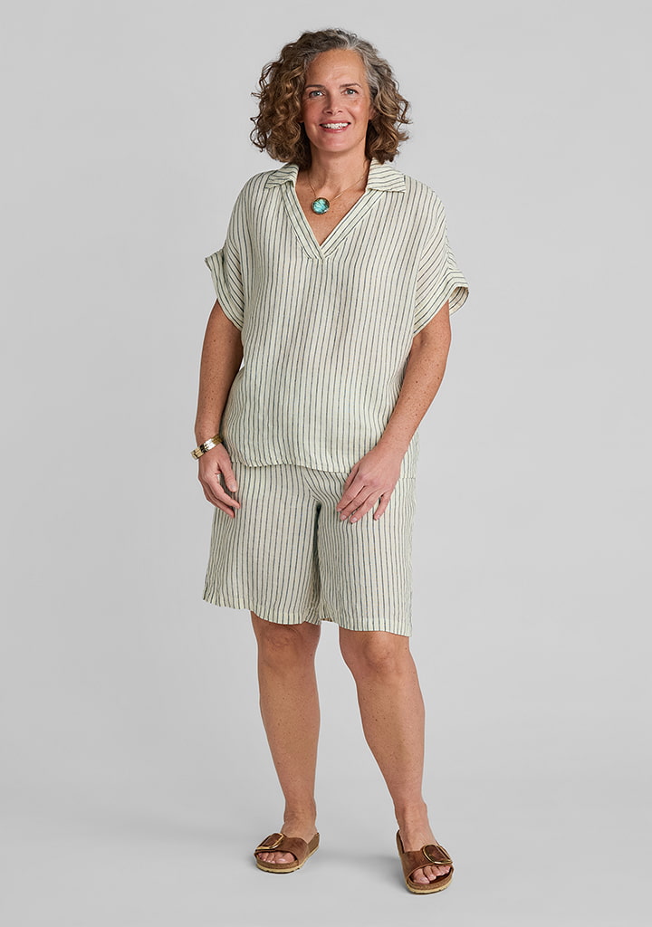 FLAX women's linen outfit featuring Sport Tee in Seaside Buttercup, Sociable Short in Seaside Buttercup