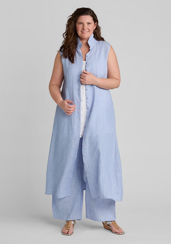 FLAX women's linen outfit featuring Marlowe Dress in Cape Chambray, Sun Top in White, Picnic Pant in Cape Chambray