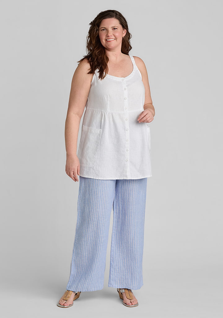 FLAX women's linen outfit featuring Sun Top in White, Picnic Pant in Cape Chambray