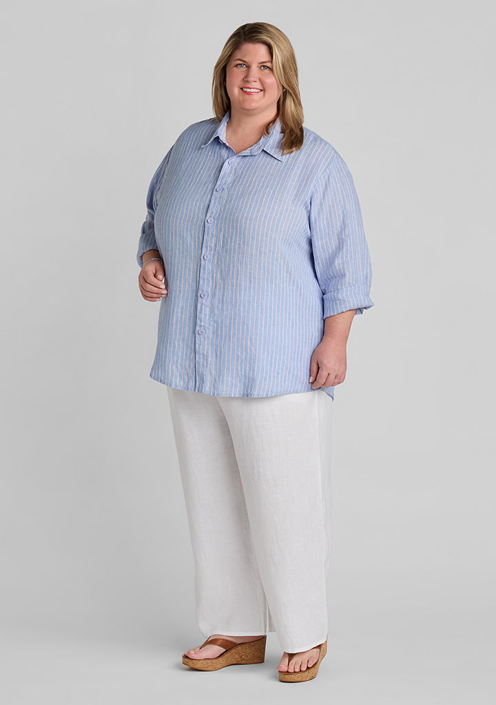 FLAX women's linen outfit featuring Summer Shirt in Cape Chambray, Floods in White