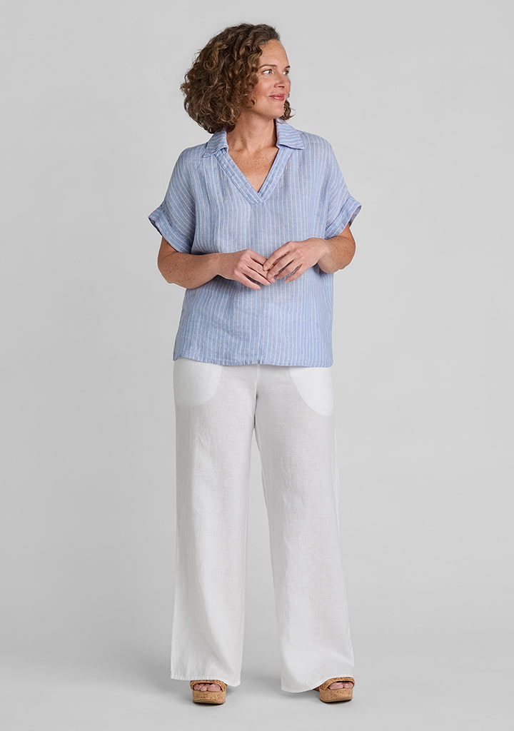FLAX women's linen outfit featuring Sport Tee in Cape Chambray, Picnic Pant in White