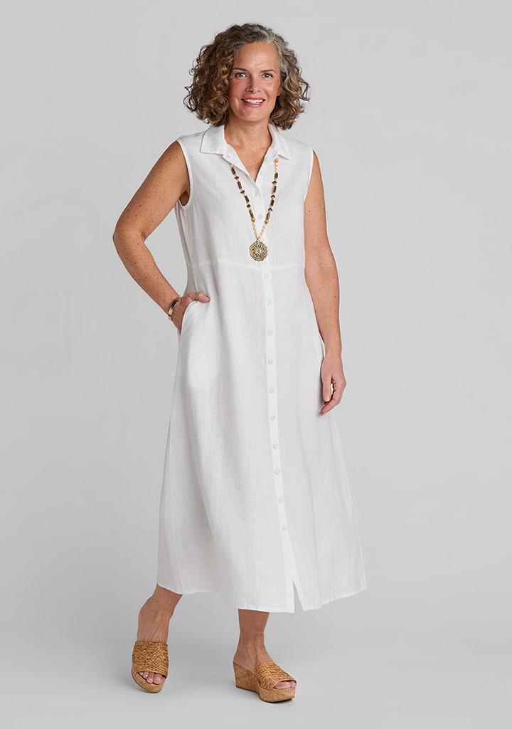 FLAX women's linen outfit featuring Marlowe Dress in White