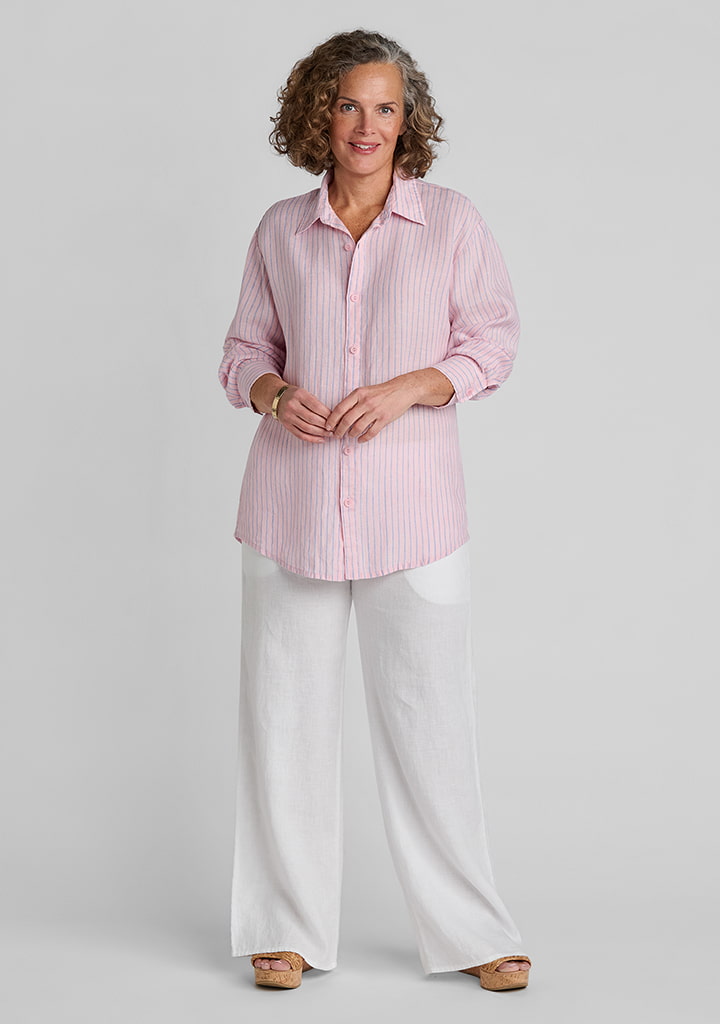 FLAX women's linen outfit featuring Summer Shirt in Nantucket Rose, Picnic Pant in White