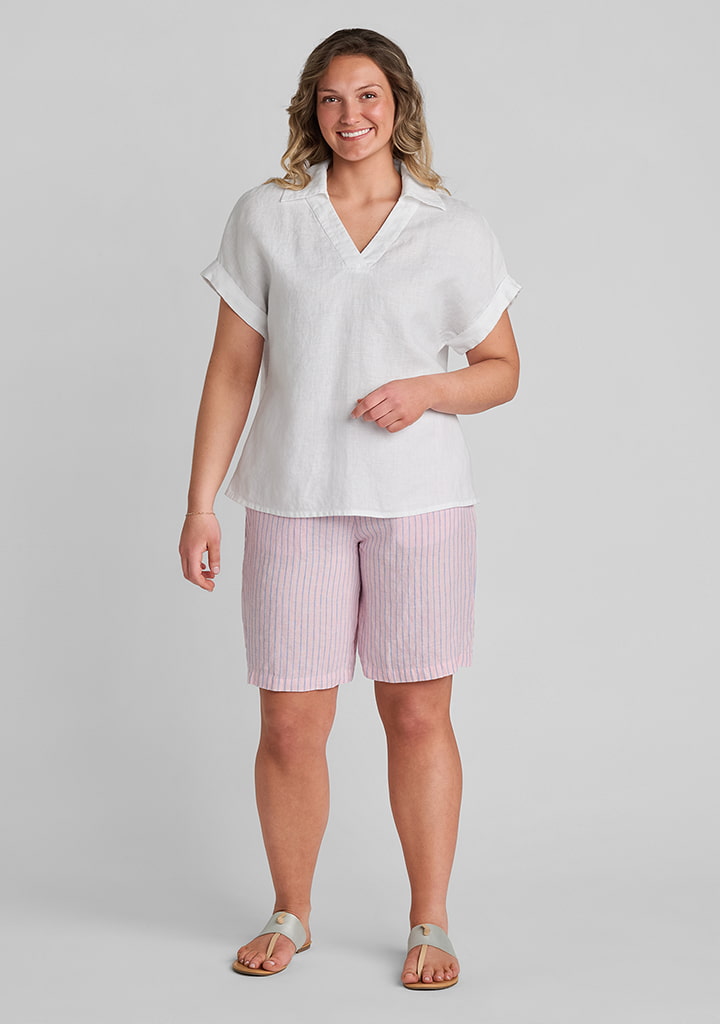 FLAX women's linen outfit featuring Sport Tee in White, Sociable Short in Nantucket Rose