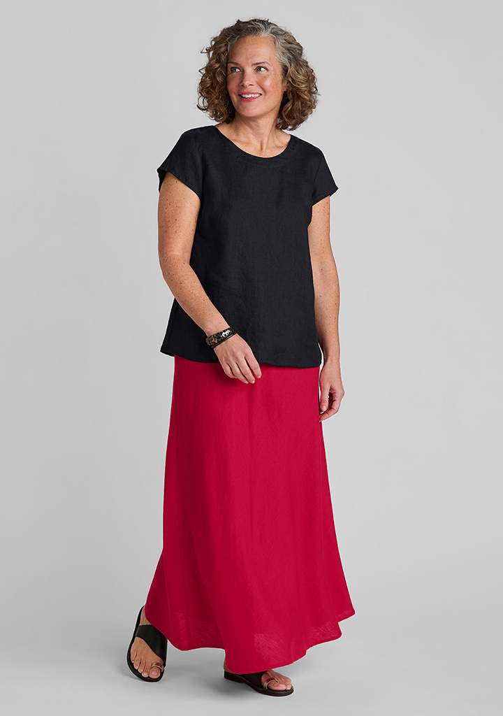 FLAX linen tee shirt in black with linen skirt in red